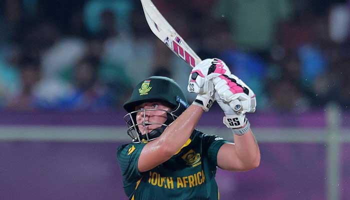 South Africas Nadine de Klerk plays a shot during the ICC Womens Cricket World Cup 2025 match against India at Visakhapatnam, India, on October 9, 2025. — Facebook/@cricketworldcup