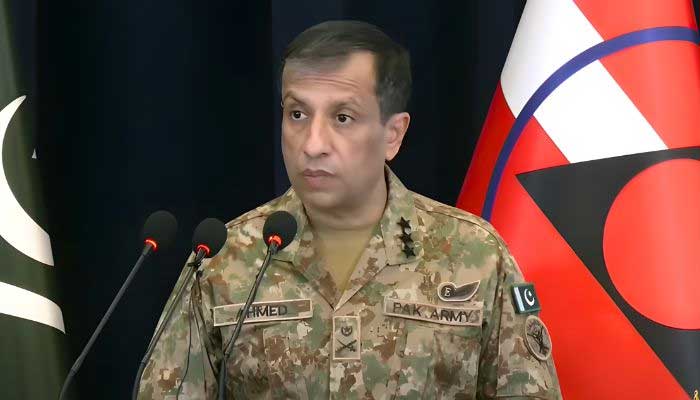 Inter-Services Public Relations Director General  (DG ISPR) Lieutenant General Ahmad Sharif Chaudhry addresses a press conference on October 10, 2025. — Screengrab via Geo News