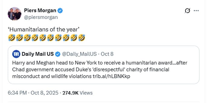Piers Morgan mocks Prince Harry, Meghan over humanitarian award