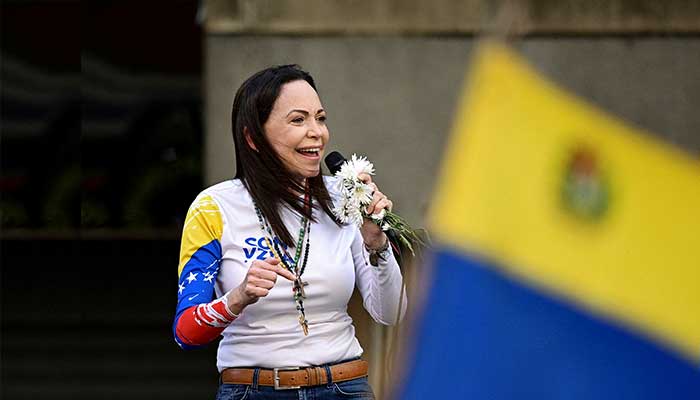 Venezuelan opposition leader Maria Corina Machado addresses supporters at a protest before the inauguration of President Nicolas Maduro for his third term, in Caracas, Venezuela, January 9, 2025. — Reuters