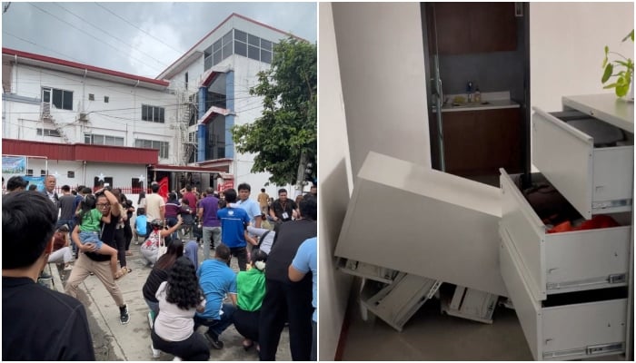People gather outside the Department of Social Welfare and Development (left), while a cabinet lies on the floor following an earthquake of magnitude 7.4 that struck offshore in the southern Philippines, in Davao City, Mindanao, Philippines, October 10, 2025. — Reuters