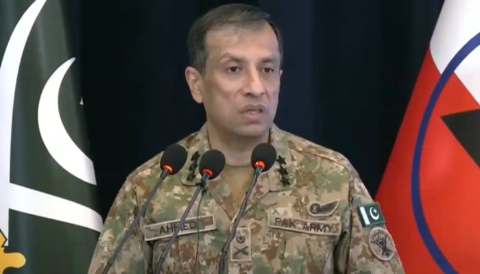 Inter-Services Public Relations Director General (DG ISPR) Lieutenant General Ahmad Sharif Chaudhry addresses a press conference on October 10, 2025. — Screengrab via YouTube/Geo News