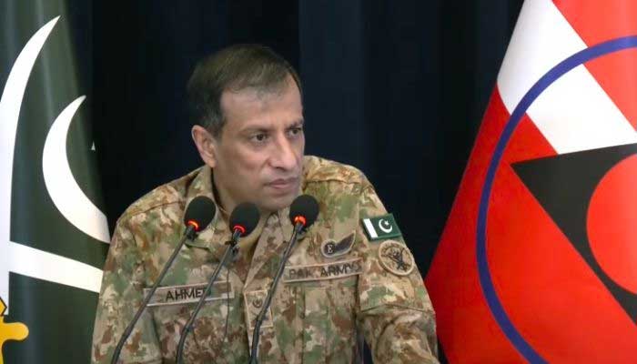 Inter-Services Public Relations Director General (DG ISPR) Lieutenant General Ahmad Sharif Chaudhry addresses a press conference at Peshawar Corps Headquarters on October 10, 2025. — Screengrab via Geo News