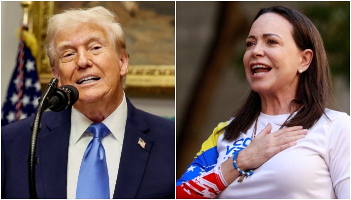US President Donald Trump (left) and Nobel Peace Prize Laureate opposition leader Maria Corina Machado.— Reuters