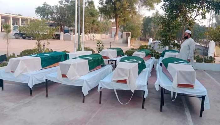 Coffins of the martyred personnel pictured ahead of burial on October 11, 2025. . — Reporter