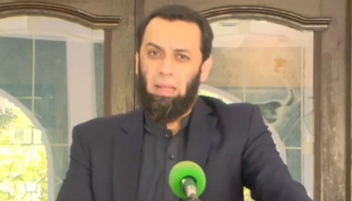 Federal Information Minister Atta Tarar addresses a press conference in Lahore on October 11, 2025. — screengrab PTV News