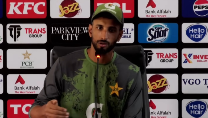 Pakistan captain Shan Masood speaks during a press conference at Lahores the Gaddafi Stadium, October 11, 2025. — Screengrab via YouTube/Geo News