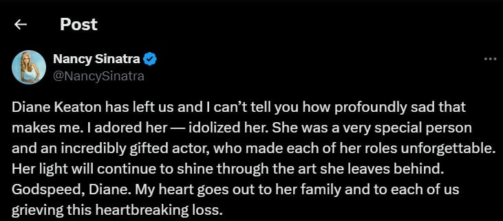 Hollywood reacts to Diane Keatons death