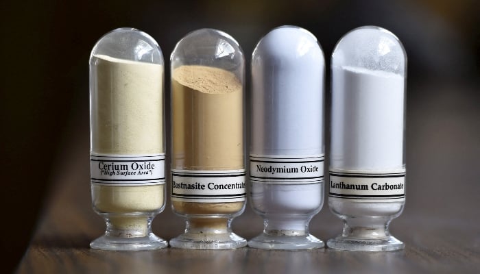 Samples of rare earth minerals from left, Cerium oxide, Bastnasite, Neodymium oxide and Lanthanum carbonate are on display during a tour of Molycorps Mountain Pass Rare Earth facility in Mountain Pass, California, US, June 29, 2015. — Reuters