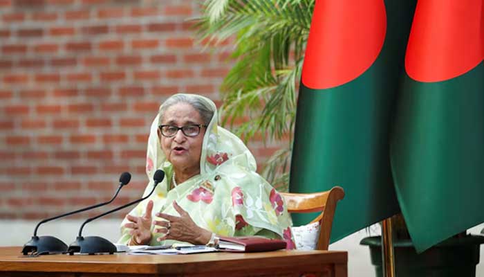 Sheikh Hasina, then Prime Minister of Bangladesh, gestures during a meeting with foreign observers and journalists at the Prime Ministers residence in Dhaka, Bangladesh, January 8, 2024. — Reuters