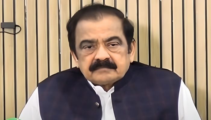 Adviser to the Prime Minister on Political Affairs Rana Sanaullah holding a press conference in Faisalabad, on October 12, 2025. — Screengrab via Geo News