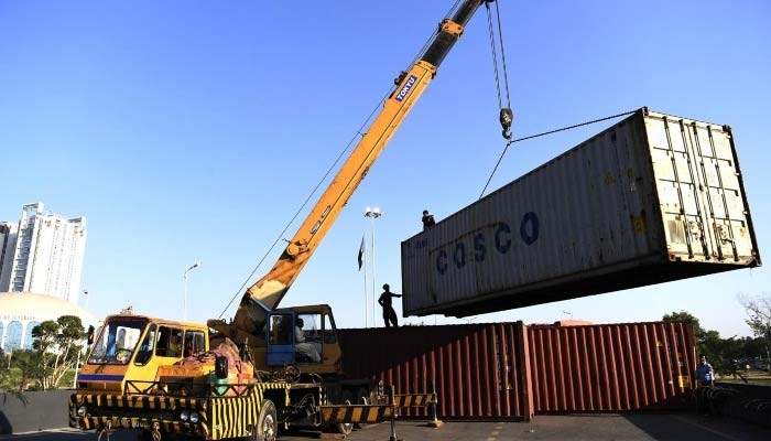 Containers being placed to seal the Red Zone in Islamabad, October 11, 2025. — INP