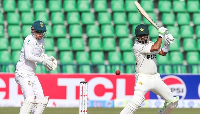 Pakistan batter Babar Azam plays a shot during the first Test against South Africa at the Gaddafi Stadium, Lahore, October 12, 2025. — X/Pakistan Cricket