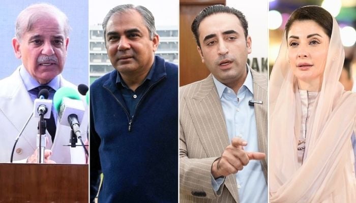 (From left to right) This collage shows PM Shehbaz Sharif, Interior Minister Mohsin Naqvi, PPP Chairman Bilawal Bhutto Zardari, and Punjab CM Maryam Nawaz. — INP/AFP/NNI/Facebook/File