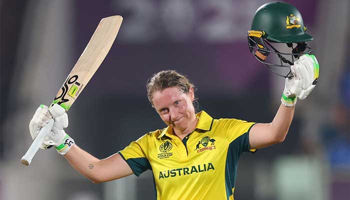 Australia skipper Alyssa Healy celebrates after completing century during the ICC Womens Cricket World Cup match against India at the Dr Y S Rajasekhara Reddy ACA-VDCA Cricket Stadium in Visakhapatnam on October 12, 2025. — Facebook/@cricketworldcup