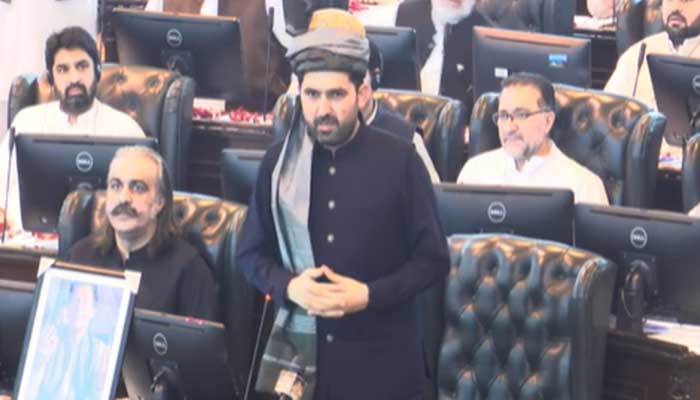 Newly-elected KP CM Sohail Afrid speaks during KP Assembly session on October 13, 2025. — Screengrab via Geo News