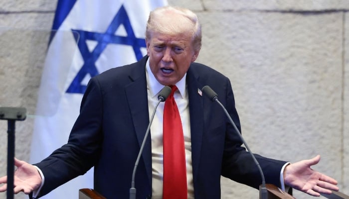 US President Donald Trump addresses the Israeli parliament, the Knesset, in Jerusalem on October 13, 2025. — AFP