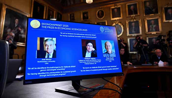 The Nobel Prize in Economic Sciences 2025, is presented during a press conference at the Royal Swedish Academy of Sciences in Stockholm, Sweden, October 13, 2025. — Reuters