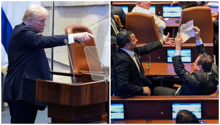 This collage shows US President Donald Trump addressing the Knesset and an Israeli lawmaker protesting with a sign reading Recognise Palestine. — Reuters