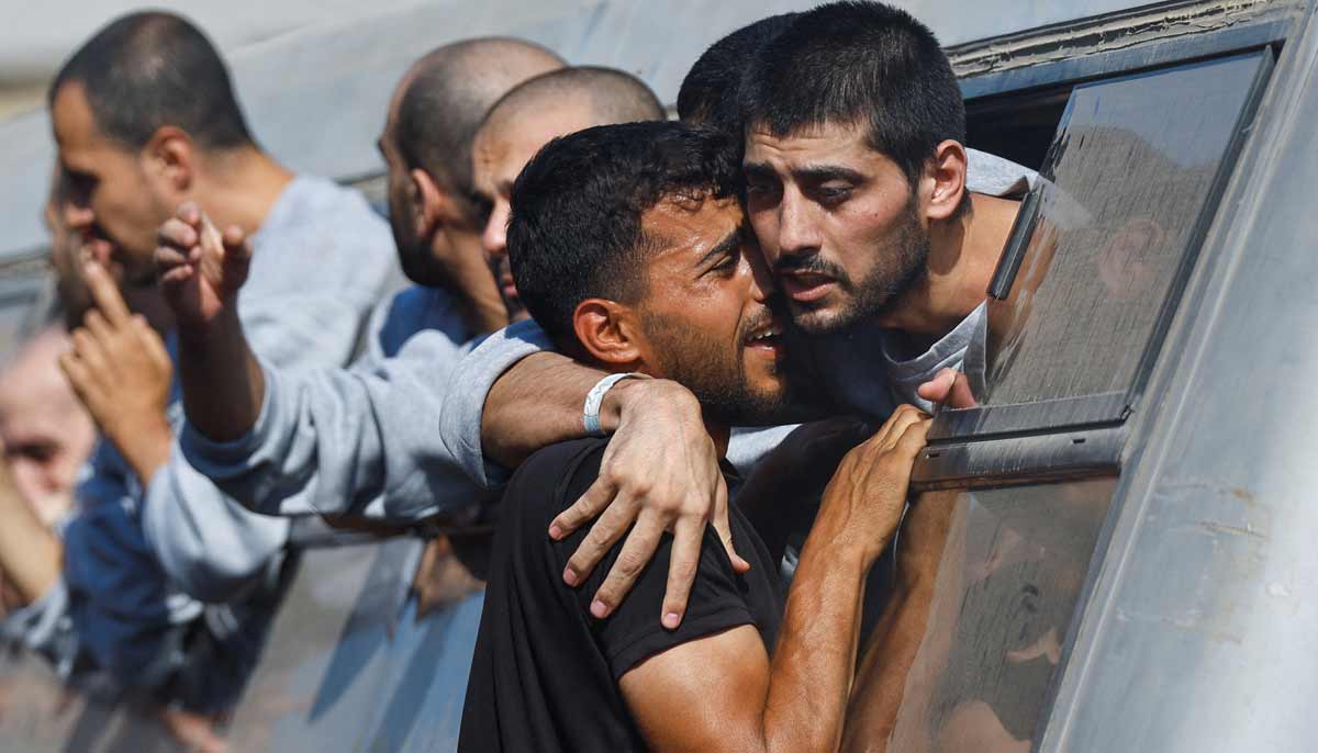 A man greets a freed Palestinian prisoner released by Israel as part of a hostages-prisoners swap and a ceasefire deal between Hamas and Israel, in Khan Younis in the southern Gaza Strip, October 13, 2025.— Reuters