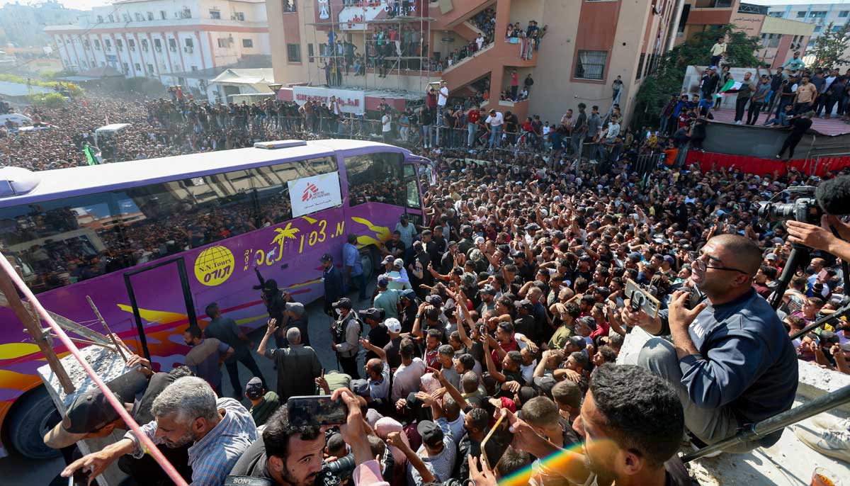 People gather at Nasser hospital as they welcome freed Palestinian prisoners released by Israel as part of a hostages-prisoners swap and a ceasefire deal between Hamas and Israel, in Khan Younis in the southern Gaza Strip, October 13, 2025.— Reuters