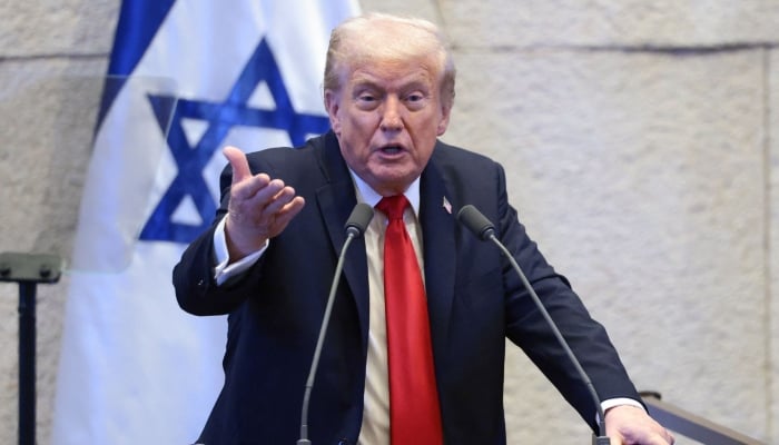 US President Donald Trump addresses the Israeli parliament, the Knesset, in Jerusalem on October 13, 2025. — AFP