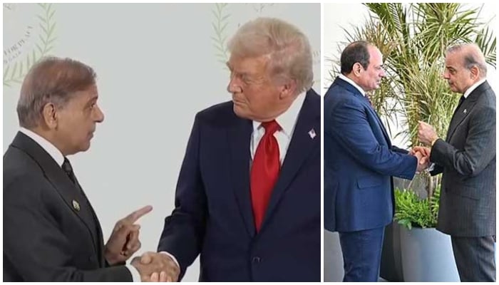 PM Shehbaz Sharif meets US President Donald Trump and Egypt President Abdel Fattah El-Sisi on sidelines of Sharm El Sheikh Peace Summit on October 13, 2025. — PID/Screengrab/Geo News