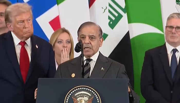 Prime Minister Shehbaz Sharif speaks following the signing of the Gaza peace deal in Sharm el-Sheikh, Egypt, on October 13, 2025. — Screengrab via YouTube/Geo News