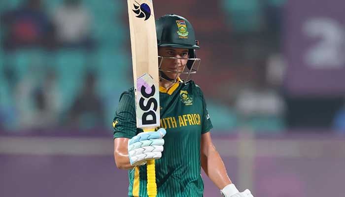 South Africas Marizanne Kapp celebrates completing half-century during the ICC Womens World Cup 2025 match against Bangladesh, Visakhapatnam, October 13, 2025. — ICC