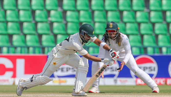 Pakistans Abdullah Shafique plays a shot during first Test against South Africa at the Gaddafi Stadium in Lahore on October 14, 2025. — PCB