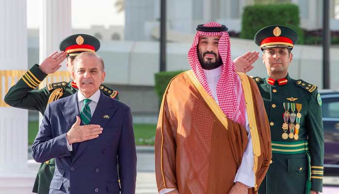 Saudi Crown Prince Mohammed bin Salman and Pakistan Prime Minister Shehbaz Sharif meet in Riyadh, Saudi Arabia, September 17, 2025. — Reuters