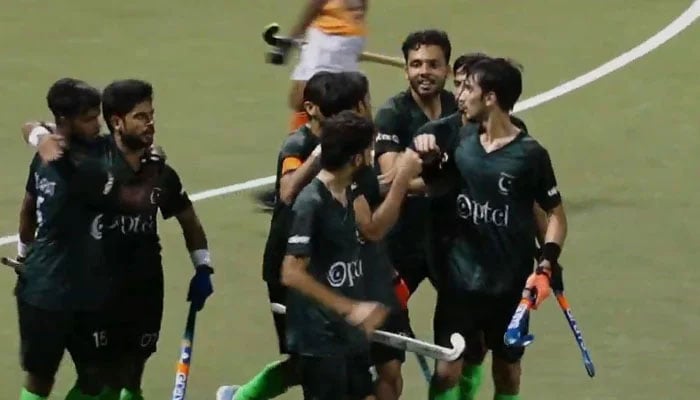 Pakistan players celebrate scoring their third goal against India during their Sultan of Johor Cup match at the Taman Daya Hockey Stadium in Johor Bahru on October 14, 2025. — Livestream/screengrab