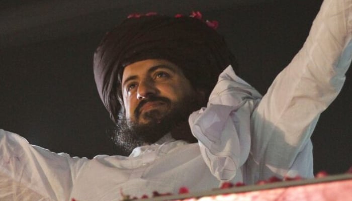 Tehreek-e-Labbaik Pakistan (TLP) chief Saad Rizvi gestures to his supporters after being released from jail in Lahore, Pakistan, November 18, 2021. — Reuters