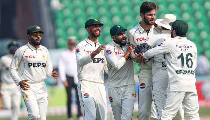 Pakistan pacer Shaheen Afridi celebrates after dismissing Tony de Zorzi on the fourth day of the first Test against South Africa at the Gaddafi Stadium in Lahore on October 15, 2025. – PCB