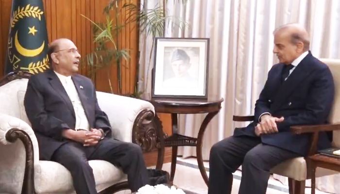 Prime Minister Shehbaz Sharif (right) meets President Asif Ali Zardari in Islamabad, on October 15, 2025. — President’s Secretariat
