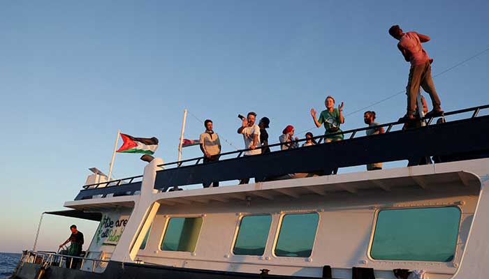 Greta Thunberg and members of the crew react aboard a ship, part of the Global Sumud Flotilla aiming to reach Gaza and break Israels naval blockade, as they sail off Crete island, Greece, September 25, 2025. — Reuters