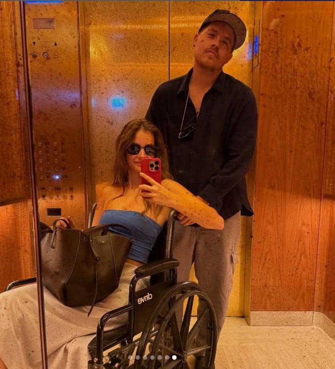 Dylan Sprouse reveals wife Barbara Palvin walked on broken foot at VS show