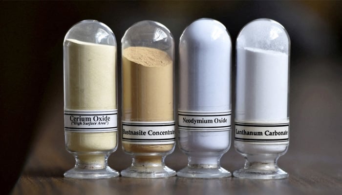 Samples of rare earth minerals from left, Cerium oxide, Bastnasite, Neodymium oxide and Lanthanum carbonate are on display during a tour of Molycorps Mountain Pass Rare Earth facility in Mountain Pass, California June 29, 2015. — Reuters
