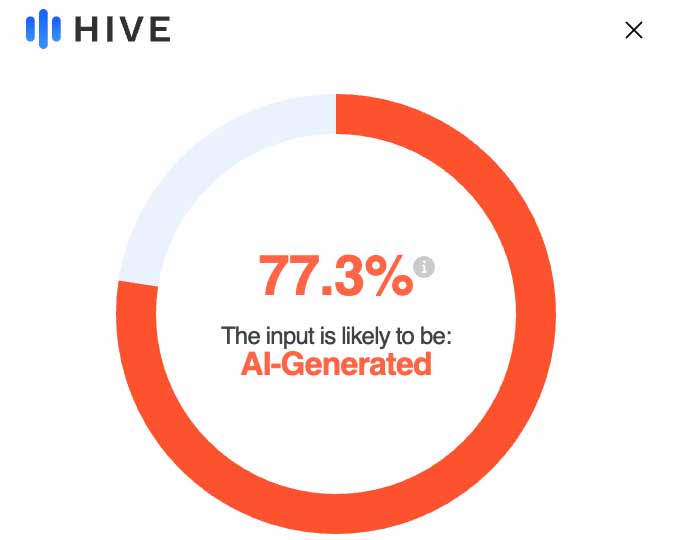 Both Hive Moderation and Attestiv find the image to be a deep fake.