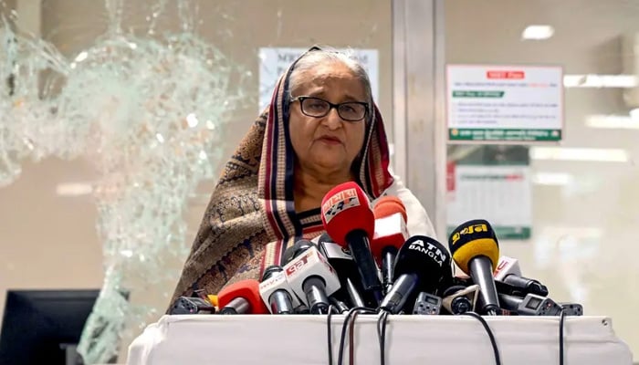 Bangladeshs former prime minister Sheikh Hasina addresses the media in Mirpur after the anti-quota protests in 2024. — Reuters