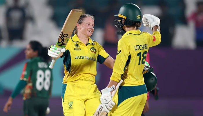 Australia’s women cricketers celebrate after defeating Bangladesh in the Women’s World Cup match on October 16, 2025. — ICC