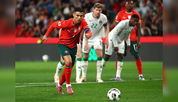Portugals Cristiano Ronaldo has his shot saved by Republic of Irelands Caoimhin Kelleher from the penalty spot. — Reuters/File
