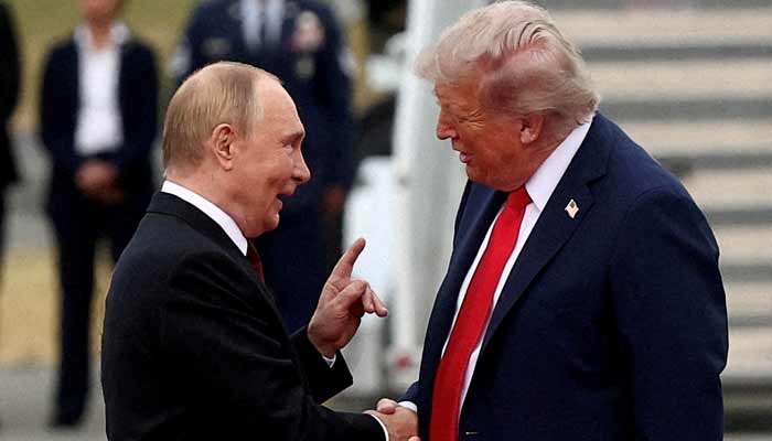 US President Donald Trump shakes hand with Russian President Vladimir Putin, as they meet to negotiate for an end to the war in Ukraine, at Joint Base Elmendorf-Richardson in Anchorage, Alaska, US, August 15, 2025.— Reuters