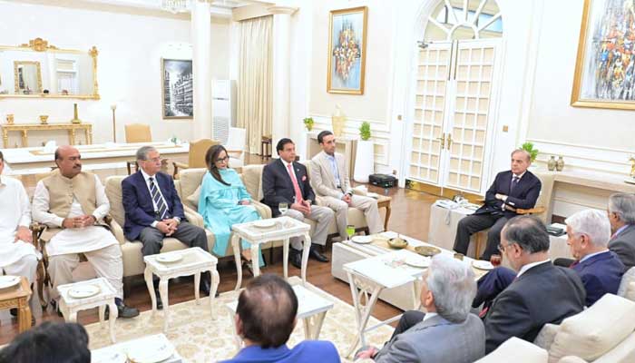 PM Shehbaz Sharif meets PPP delegation led by Bilawal Bhutto-Zardari at PM House on October 16, 2025. — PID