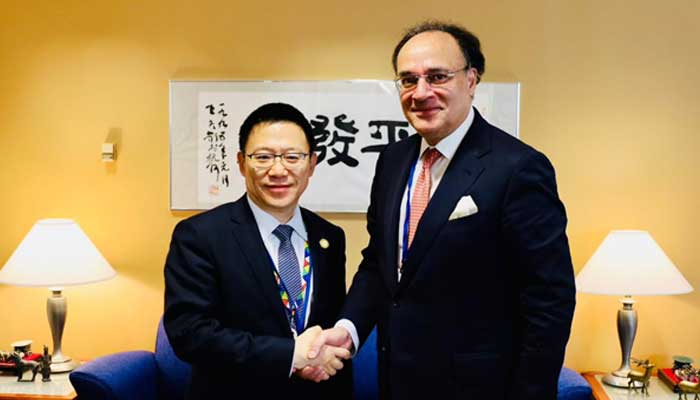 Pakistans Finance Minister Muhammad Aurangzeb (right) and Chinas Deputy Finance Minister Liao Min shake hands during a meeting in Washington, DC, US on October 16, 2025. —X@Financegovpk