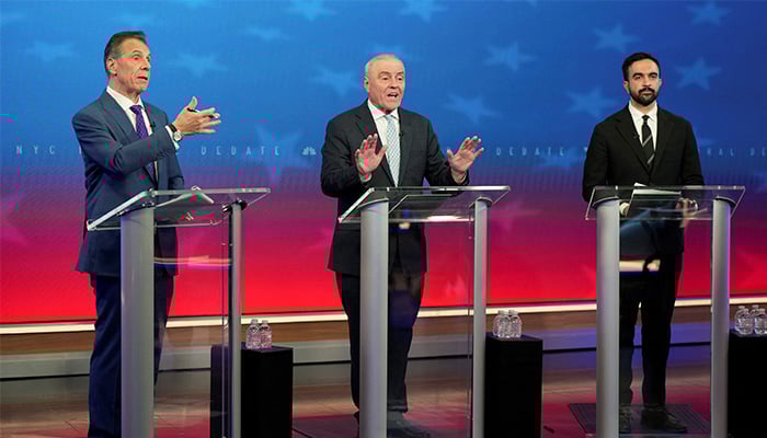 Independent candidate former New York Gov. Andrew Cuomo, Republican candidate Curtis Sliwa and Democratic candidate Zohran Mamdani participate in a mayoral debate, in New York, U.S., October 16, 2025. — Reuters