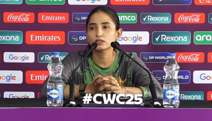 Pakistans Omaima Sohail addresses a press conference at the R Premadasa Stadium in Colombo on October 17, 2025. — Screengrab via ICC