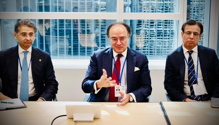 Federal Minister for Finance and Revenue, Senator Muhammad Aurangzeb, gestures during his meeting in Washington DC with Dr Adnan Chilwan (not pictured), Group CEO of Dubai Islamic Bank (DIB) —X/Financegovpk