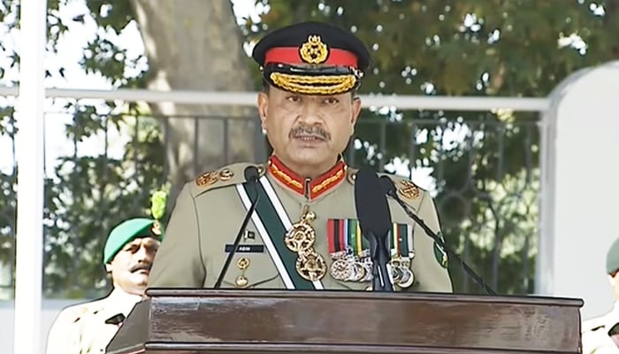 Chief of Army Staff Field Marshal Asim Munir addresses the passing out parade at the Pakistan Military Academy, Kakul, in Abbottabad on October 18, 2025. — Screengrab @Geo News