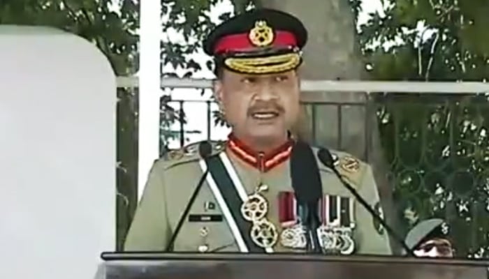 Chief of Army Staff Field Marshal Asim Munir addresses the passing out parade at the Pakistan Military Academy, Kakul, in Abbottabad on October 18, 2025. — Screengrab @Geo News